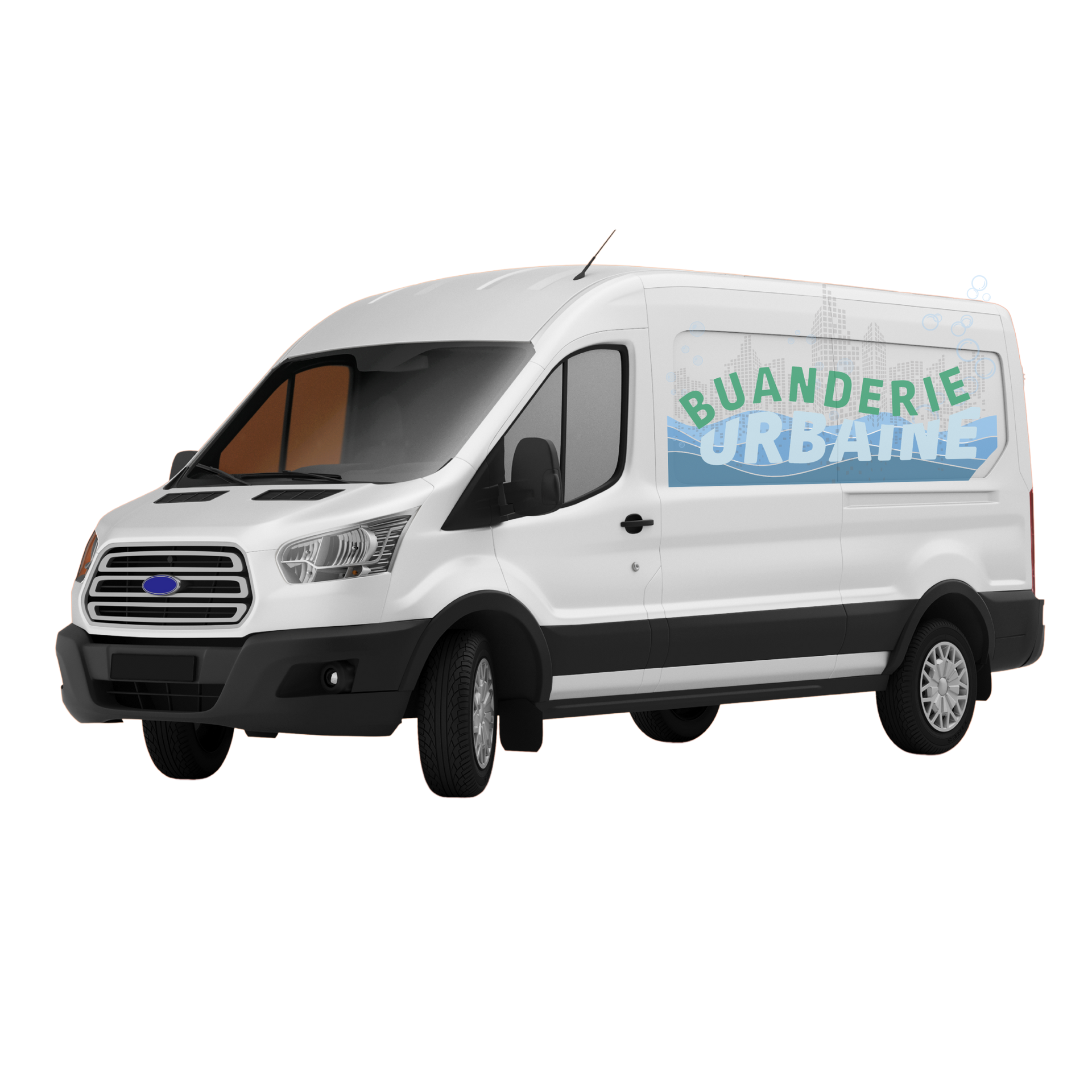 Camion de blanchisserie blanc avec inscription bleue et verte 