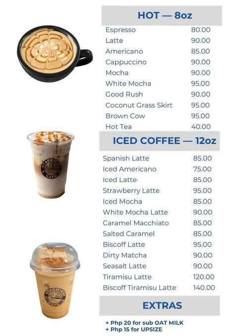 Menu displaying prices for hot and iced coffee drinks, including extras for milk substitution and upsizing.