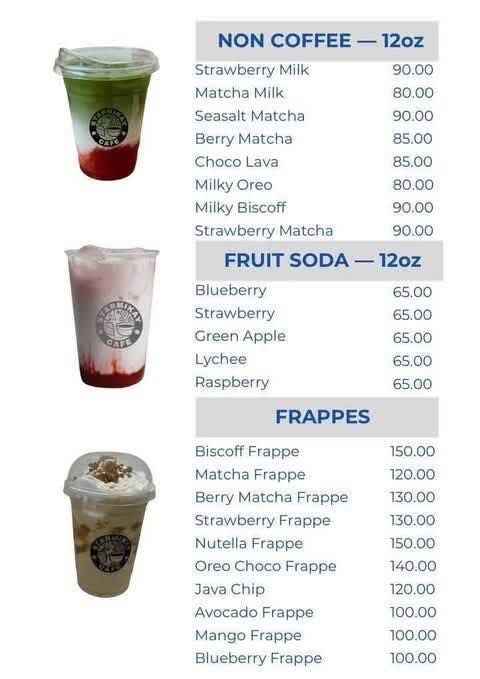 Menu showing prices for Non Coffee, Fruit Soda, and Frappe drinks next to images of three different beverages.