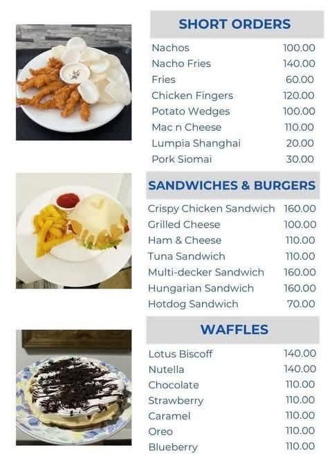 Menu listing prices for short orders, sandwiches, burgers, and waffles, accompanied by photos of food items.