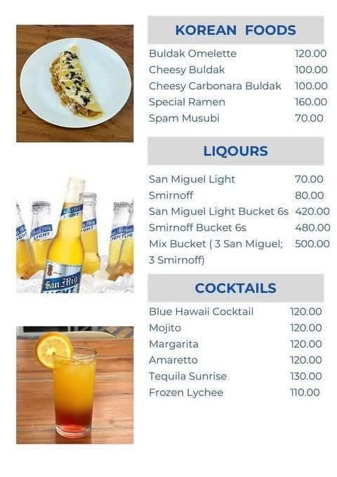 A restaurant menu listing Korean foods, beers, and cocktails with prices, illustrated with photos of food and drinks.