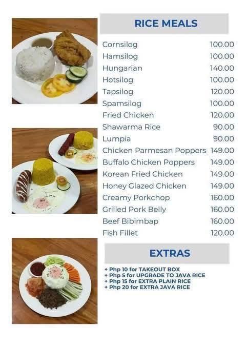 A restaurant menu listing various rice meals and side dishes with prices, alongside images of served food plates.