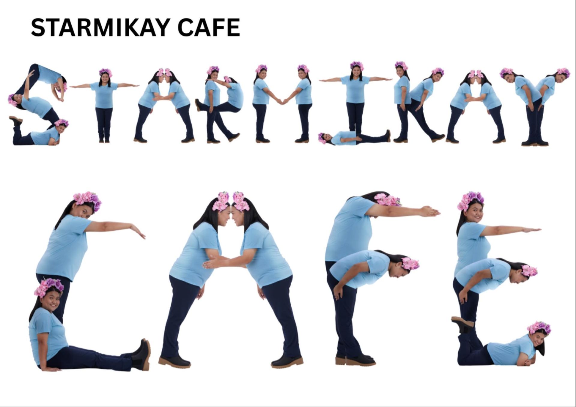 People in light blue shirts and dark pants form the letters 