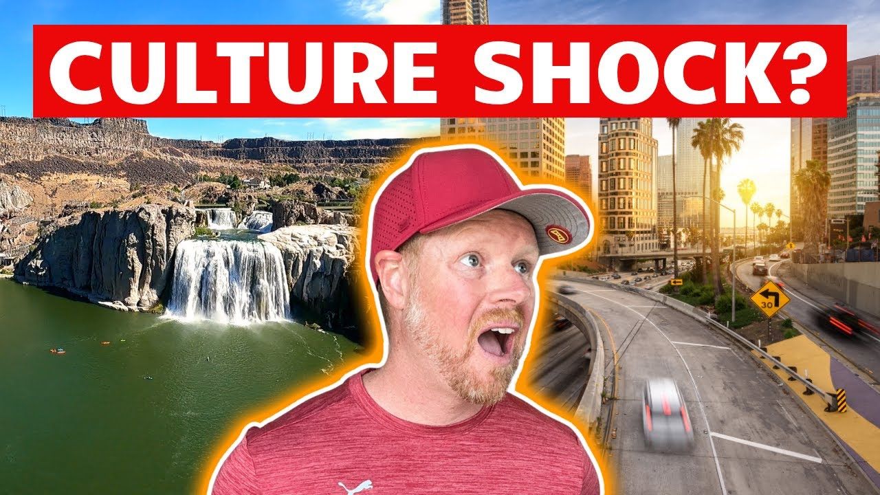Man with a shocked expression, red hat, superimposed over Idaho landscape and Los Angeles street.