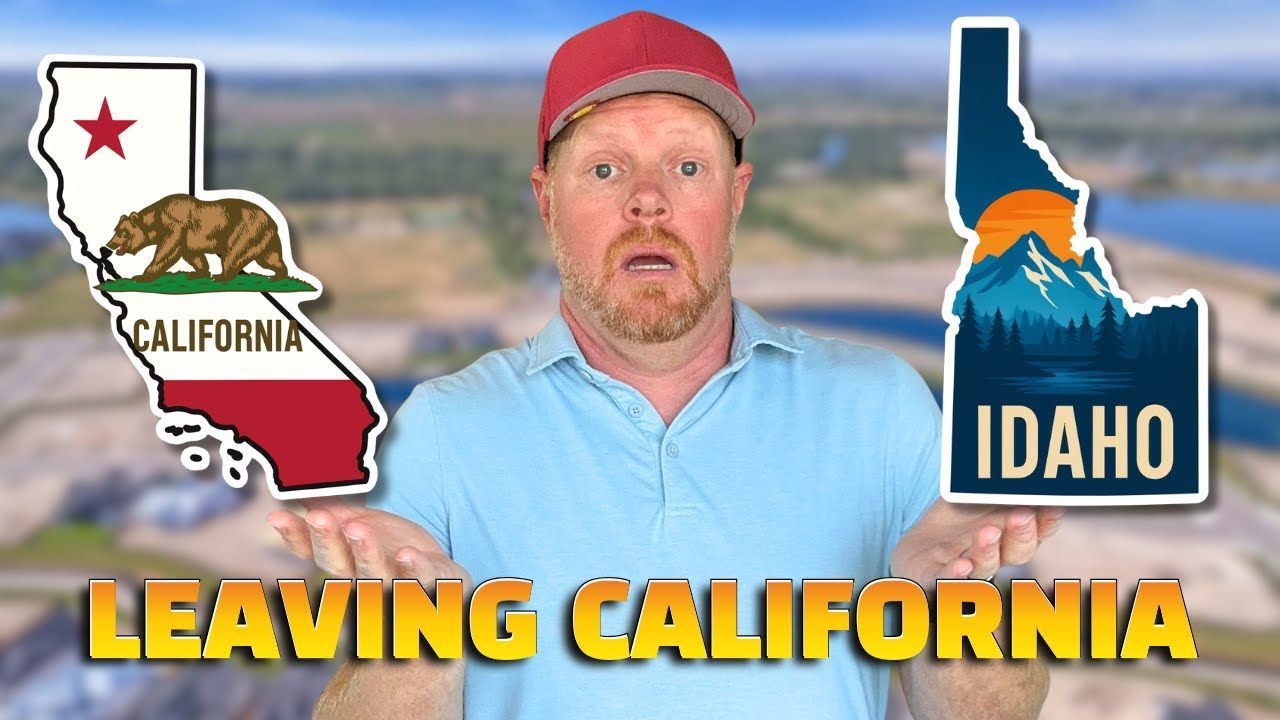 Man standing between California and Idaho graphics with text leaving California, representing a move from California to Idaho.