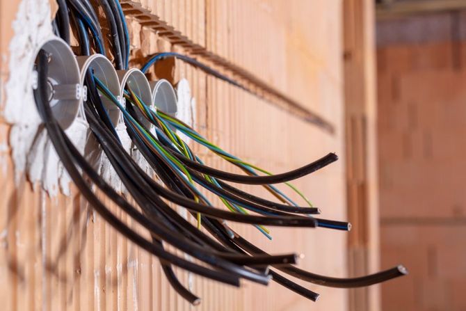 Bundle of black and colored wires protruding from a wall opening near a wooden staircase.