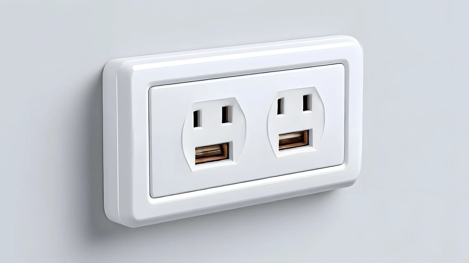 White electrical outlet with two USB ports, mounted on a gray wall.