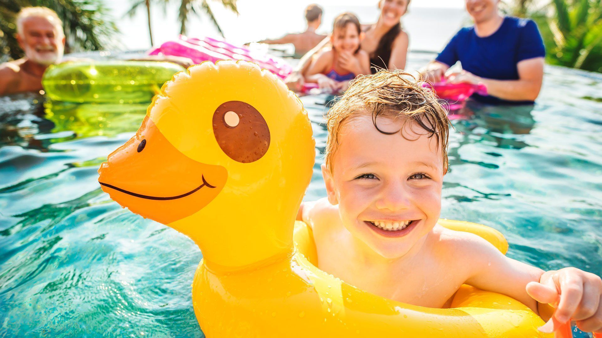 A young boy is swimming in a pool with an inflatable duck.