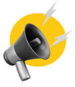 Megáfono gris y plateado con ondas sonoras sobre un círculo amarillo.