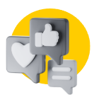 Burbujas de diálogo grises con un corazón, un pulgar hacia arriba y líneas de mensaje sobre un círculo amarillo.