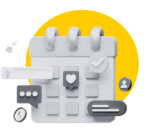 Calendario con iconos de redes sociales, me gusta, comentario, marcar y usuario, sobre fondo amarillo.