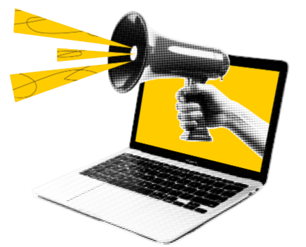 Mano con megáfono saliendo de una computadora portátil, transmitiendo ondas de sonido amarillas.