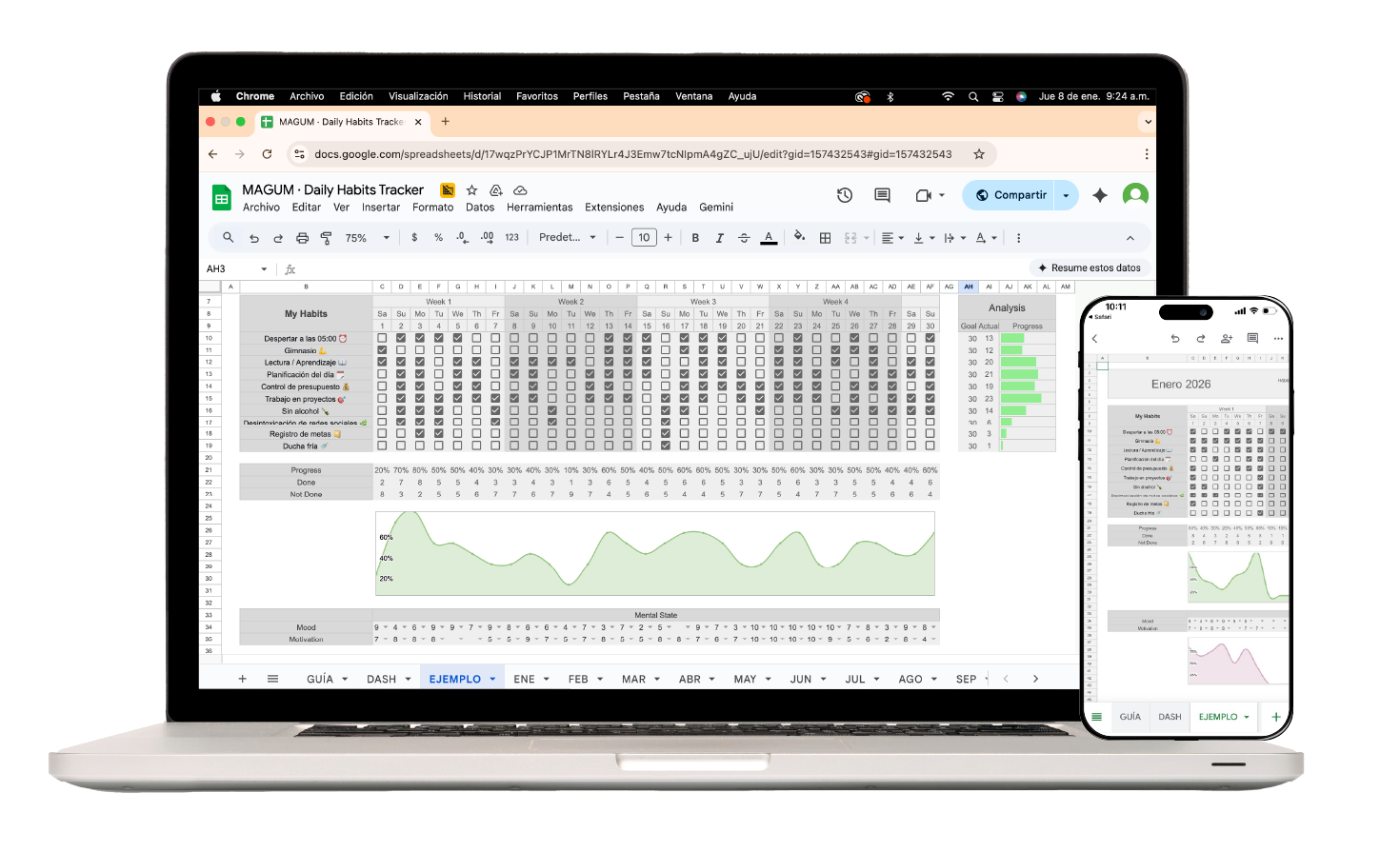 Computadora portátil y teléfono que muestran una hoja de cálculo con datos y un gráfico correspondiente.
