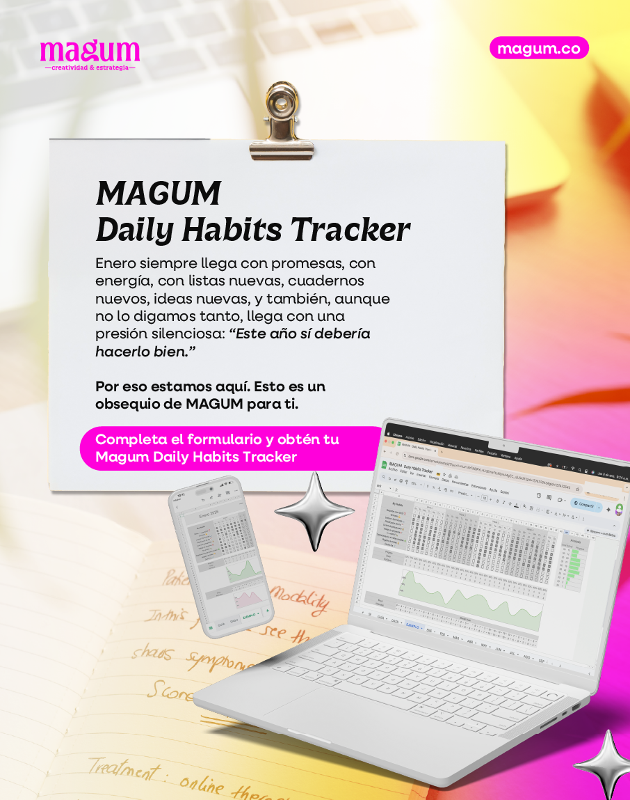 Anuncio de MAGUM Daily Habits Tracker: computadora portátil, teléfono y nota, todos con rastreador y además brillos.