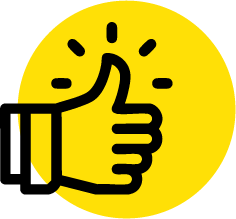 Un ícono negro estilizado y llamativo de un gesto de pulgar hacia arriba centrado en un círculo amarillo brillante.