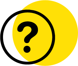 Un signo de interrogación negro dentro delgado delineado en negro, superpuesto parcialmente a un círculo amarillo sólido. 