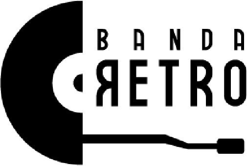 Logotipo para el grupo musical Banda Retro, que presenta un tocadiscos y la palabra RETRO.