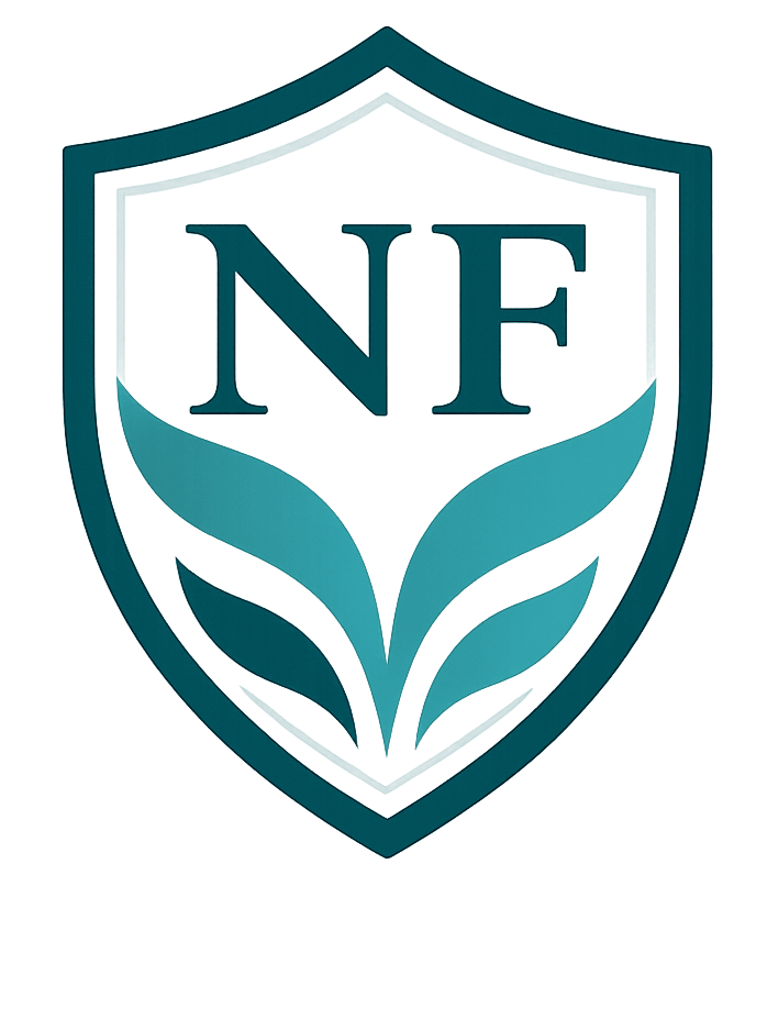 Logotipo de escudo en color verde azulado y blanco con las letras NF y diseño de hoja.