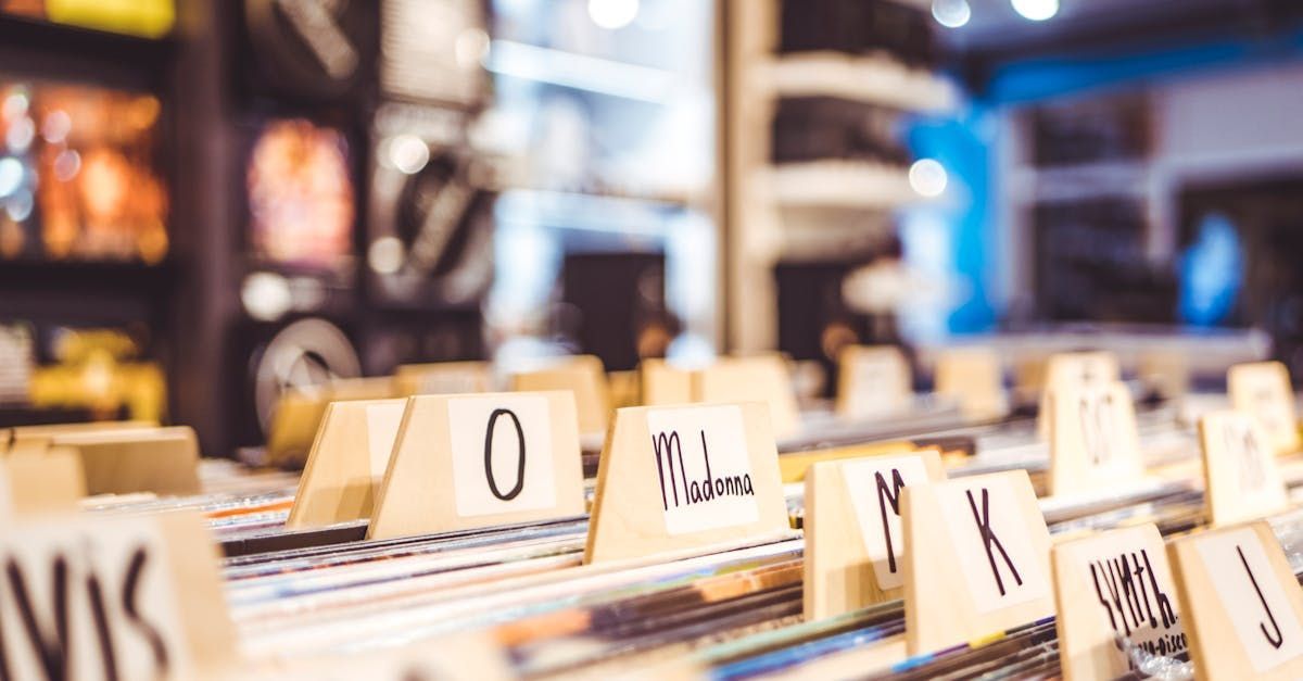 A close up of a collection of records.