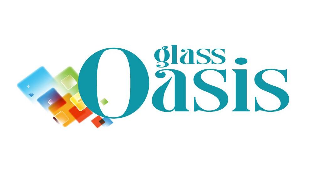 a logo for glass oasis with colorful squares in the background