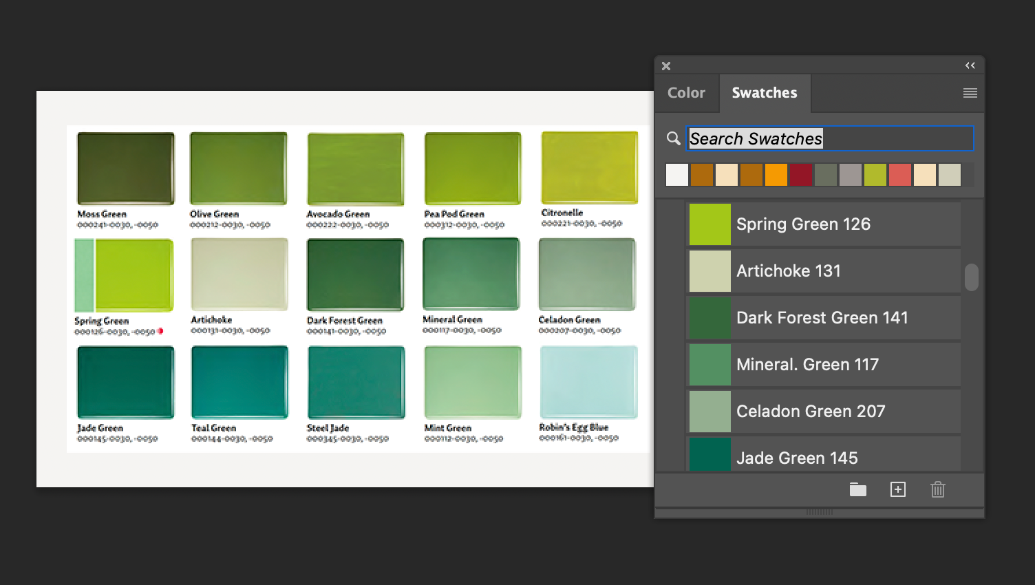 screen capture of greens blue glass images with Bullseye palette next to it