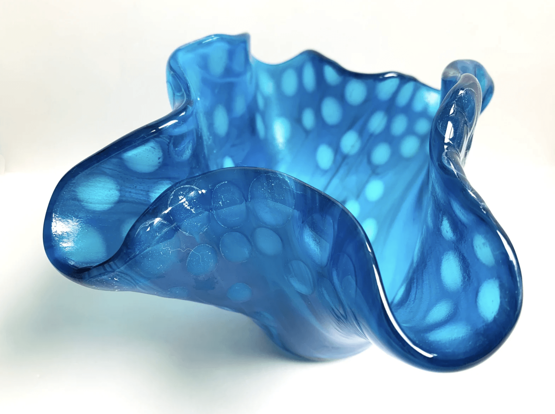 blue bubbly fused glass vase, candle holder