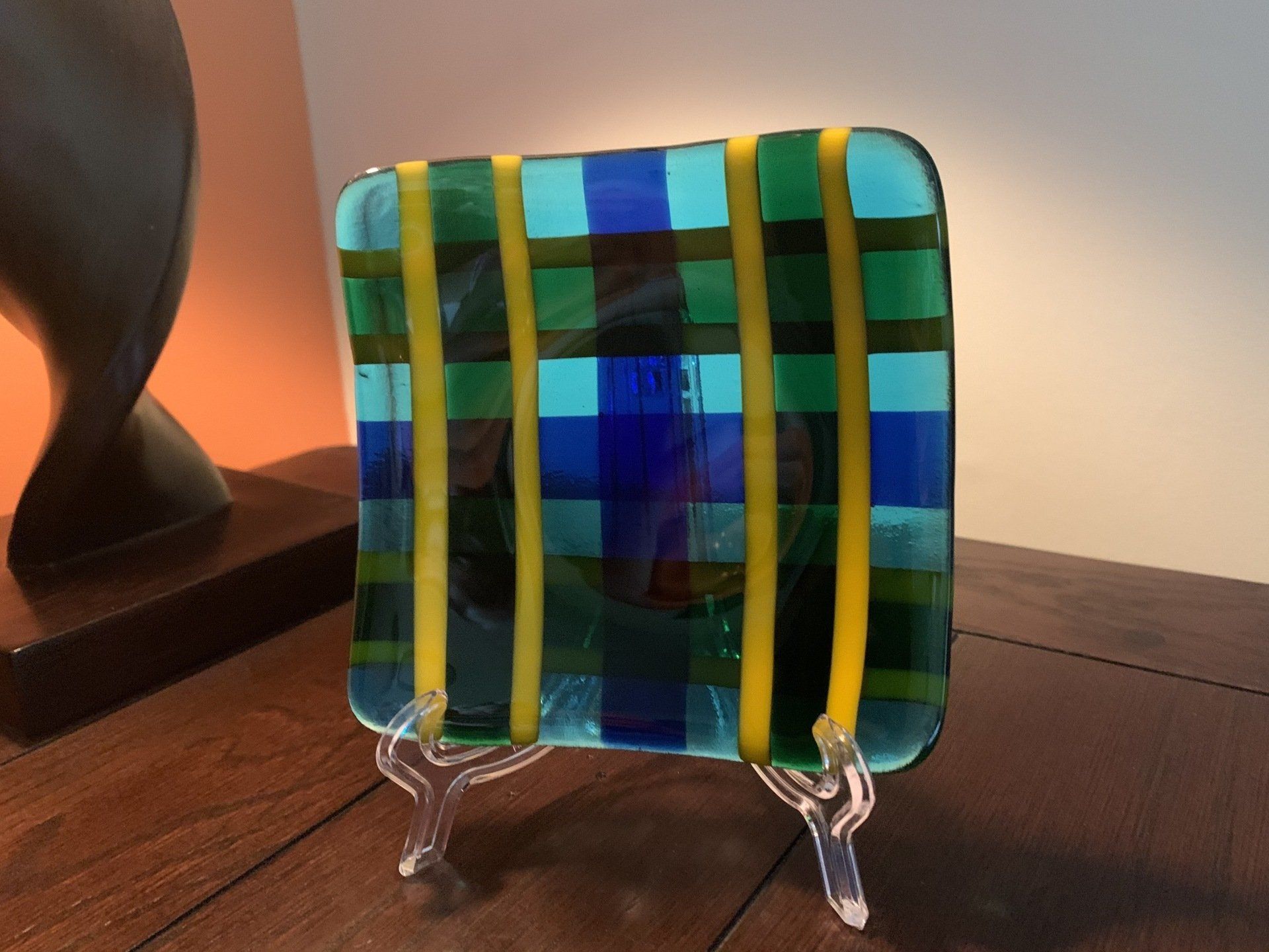 blue green yellow plaid fused glass plate