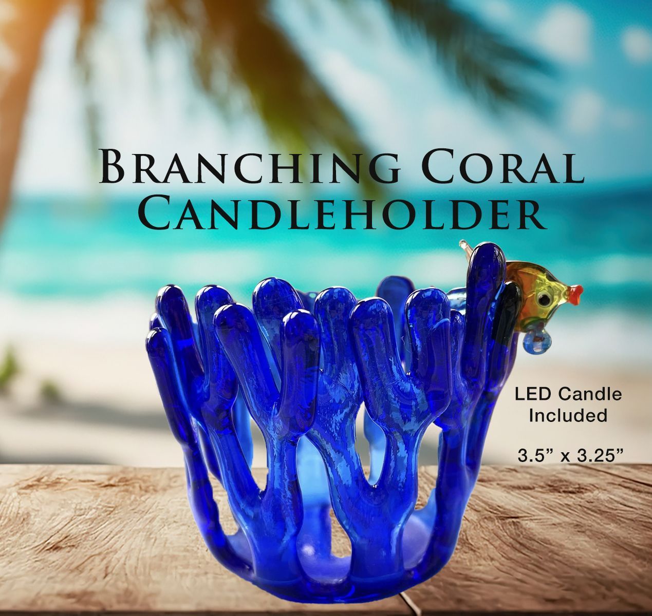 glass coral candleholder with fish