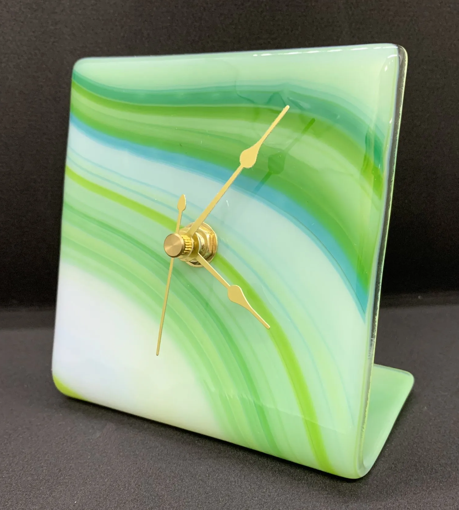 green freestanding fused glass clock