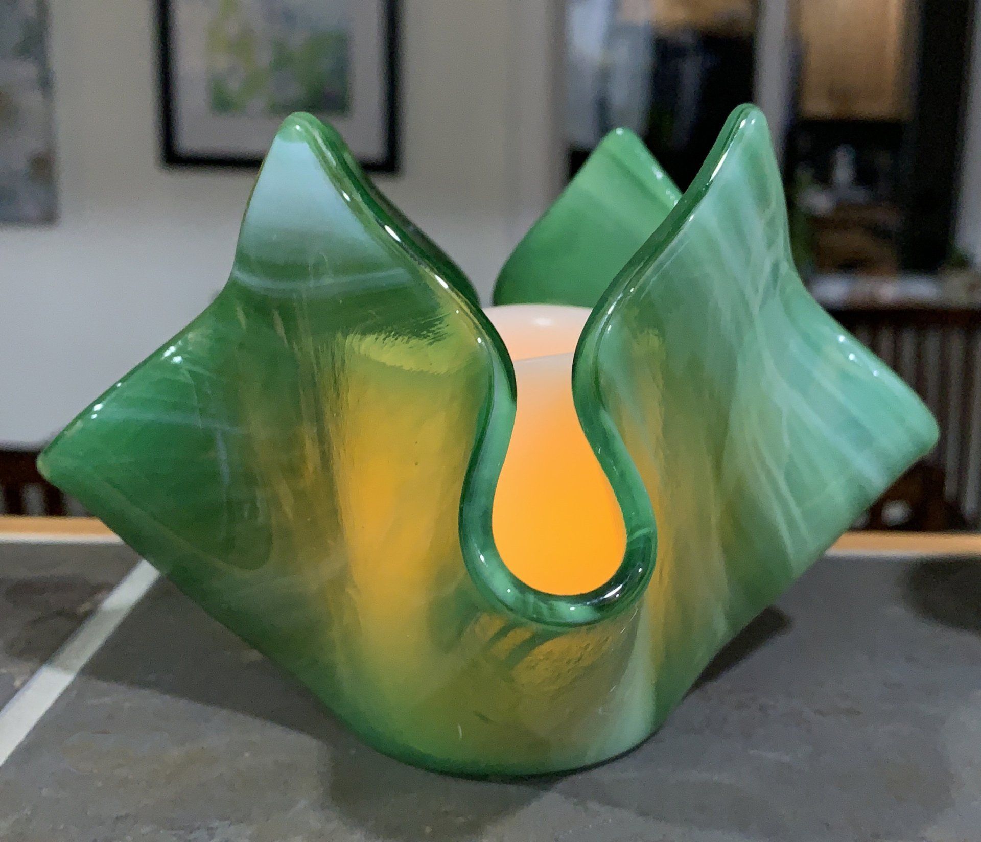 fused glass green swirl candle holder with candle