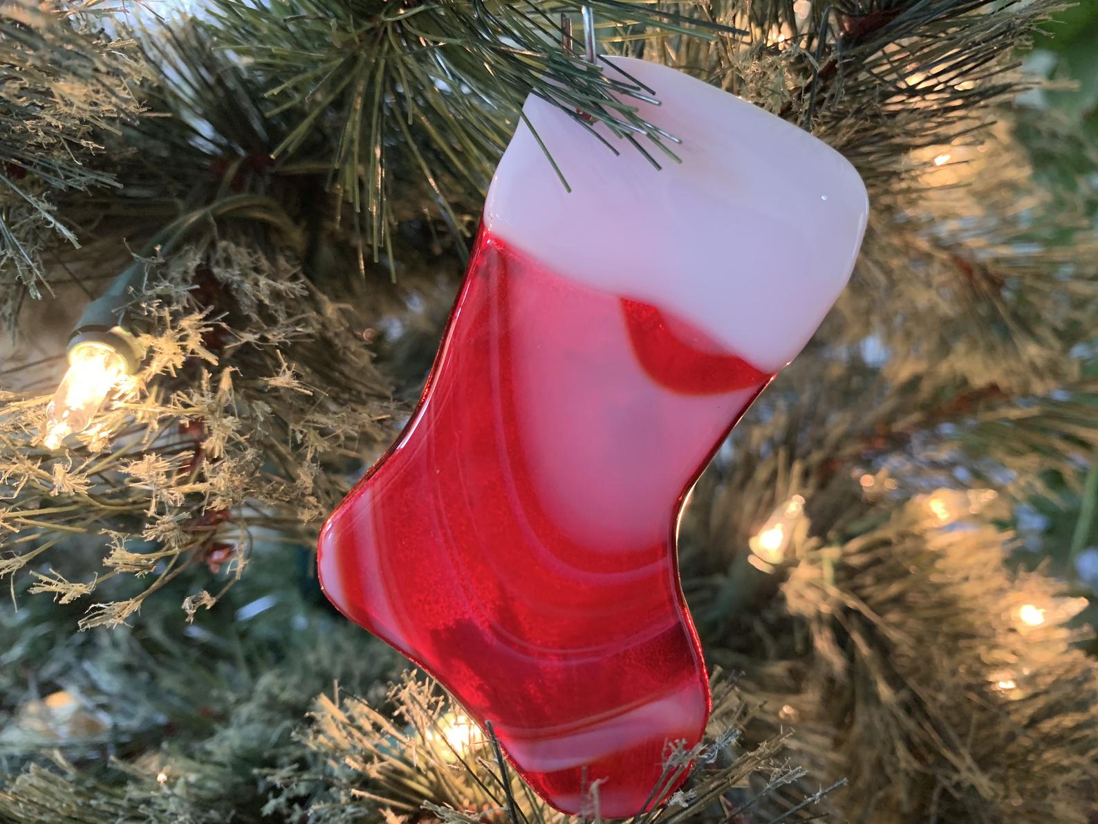 red white swirl fused glass candle holder with candle