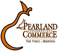 The logo for the pearlland commerce chamber of commerce is the voice of business.