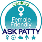 A logo that says certified female friendly ask patty