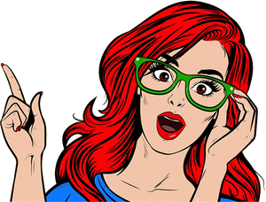 A woman with red hair and green glasses is pointing up.