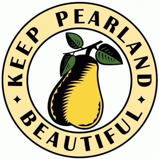 A pear with leaves in a circle that says keep beautiful