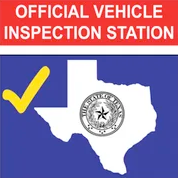 Sign for Texas Official Vehicle Inspection Station. Red banner with white text, blue square, Texas map, and checkmark.
