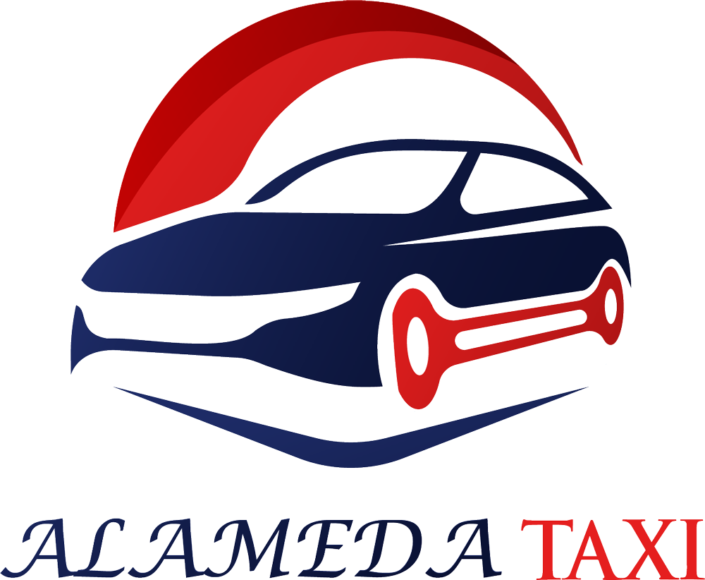 Logo for Alameda Taxi: dark blue car with red accents inside a red and blue arch; the text reads 