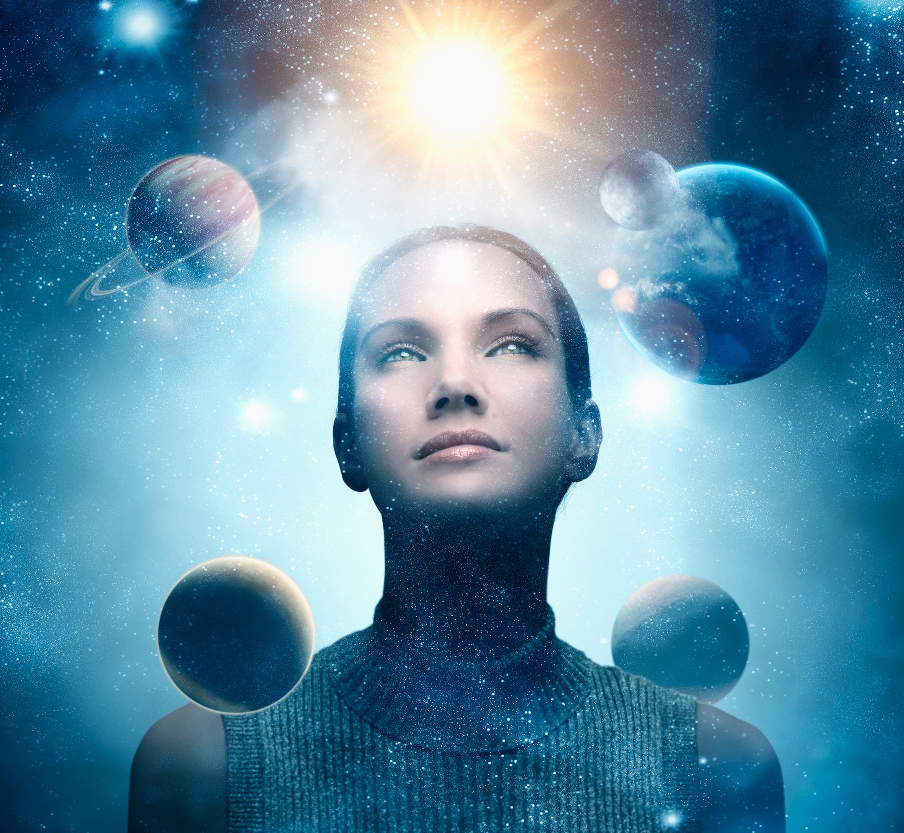 Woman gazing upward, illuminated by a bright light, with planets and a starry sky surrounding her.