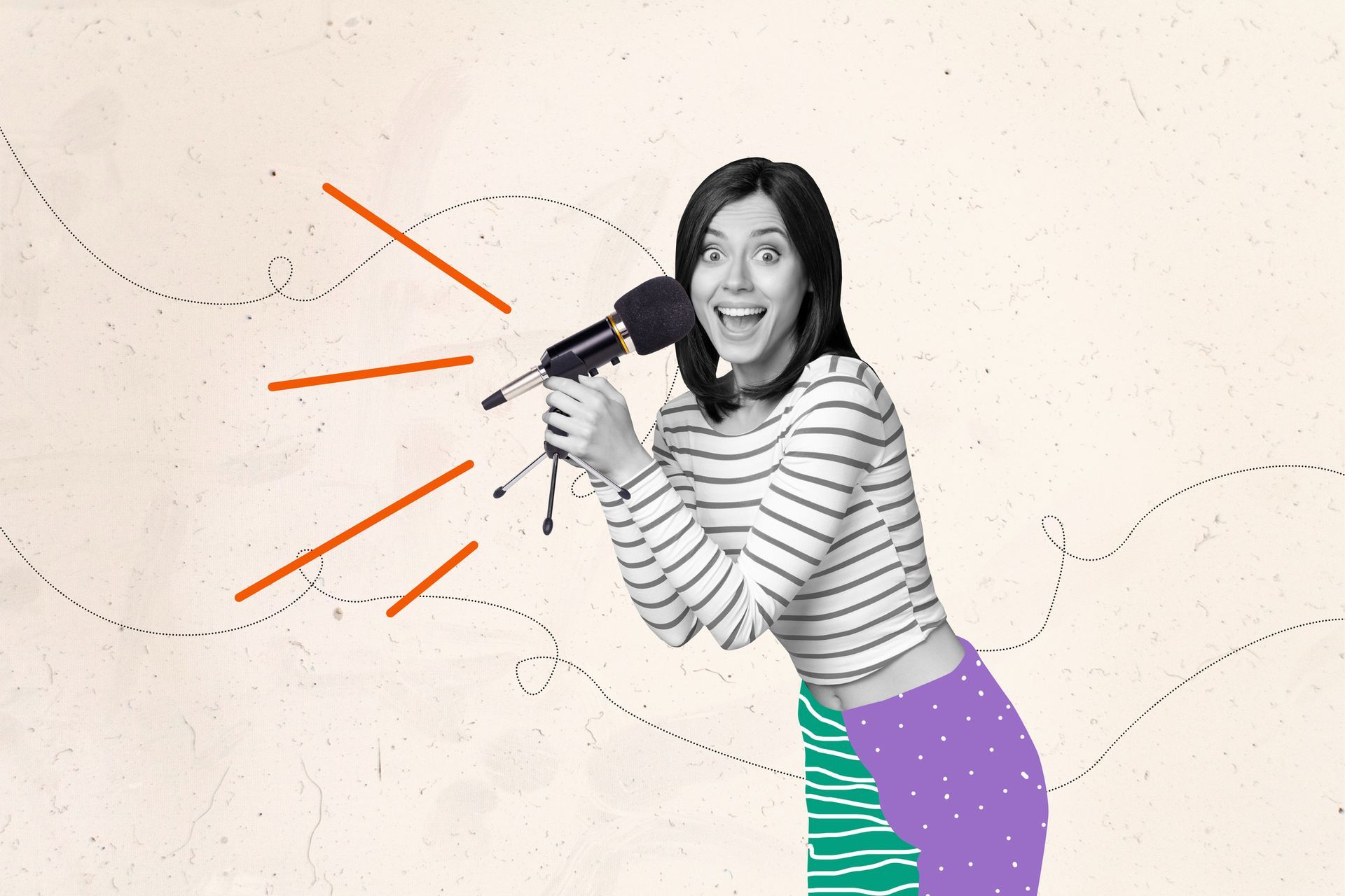 A woman with a microphone, joyful expression, stands in front of a beige backdrop with graphic elements.