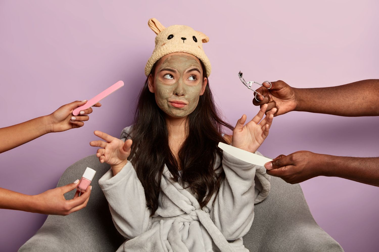 A woman with a mask on her face is surrounded by people holding cosmetics.