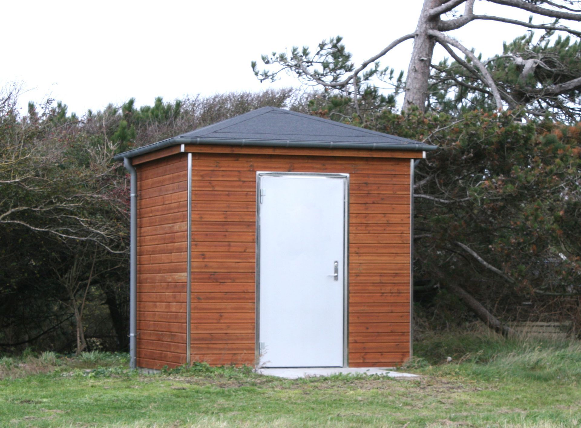 en lille træbygning med en hvid dør ligger på hjørnet af en vej