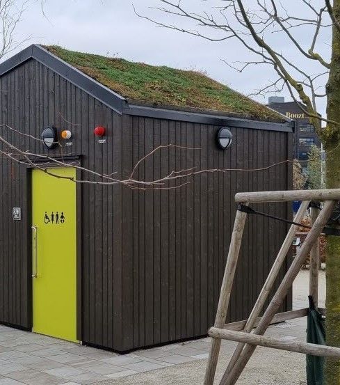 Et skur med grønt tag og gul dør