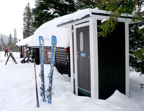 Et skur med ski lænet mod det i sneen