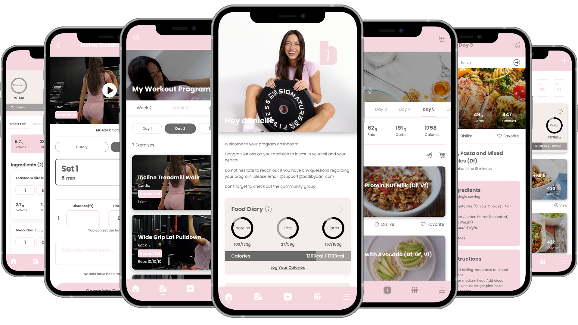 Bodi By Dani fitness app displaying workout videos and healthy recipes with a woman in pink.