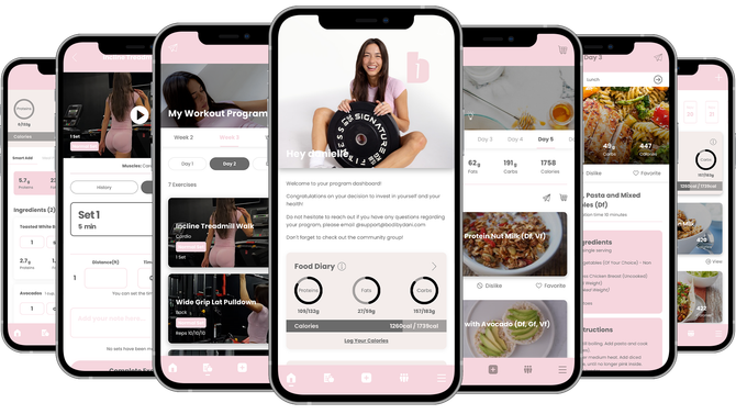 Bodi By Dani fitness app displaying workout videos and healthy recipes with a woman in pink.