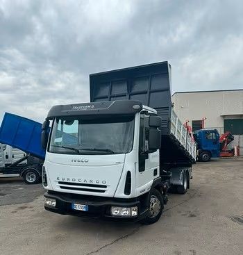 Un autocarro con cassone ribaltabile bianco è parcheggiato in un parcheggio.