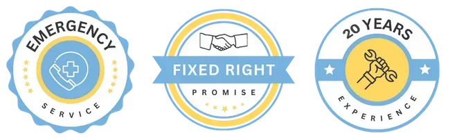 Three circular badges: emergency service, fixed right promise, and 20 years experience.