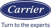 Carrier logo in an oval, blue with white text, 