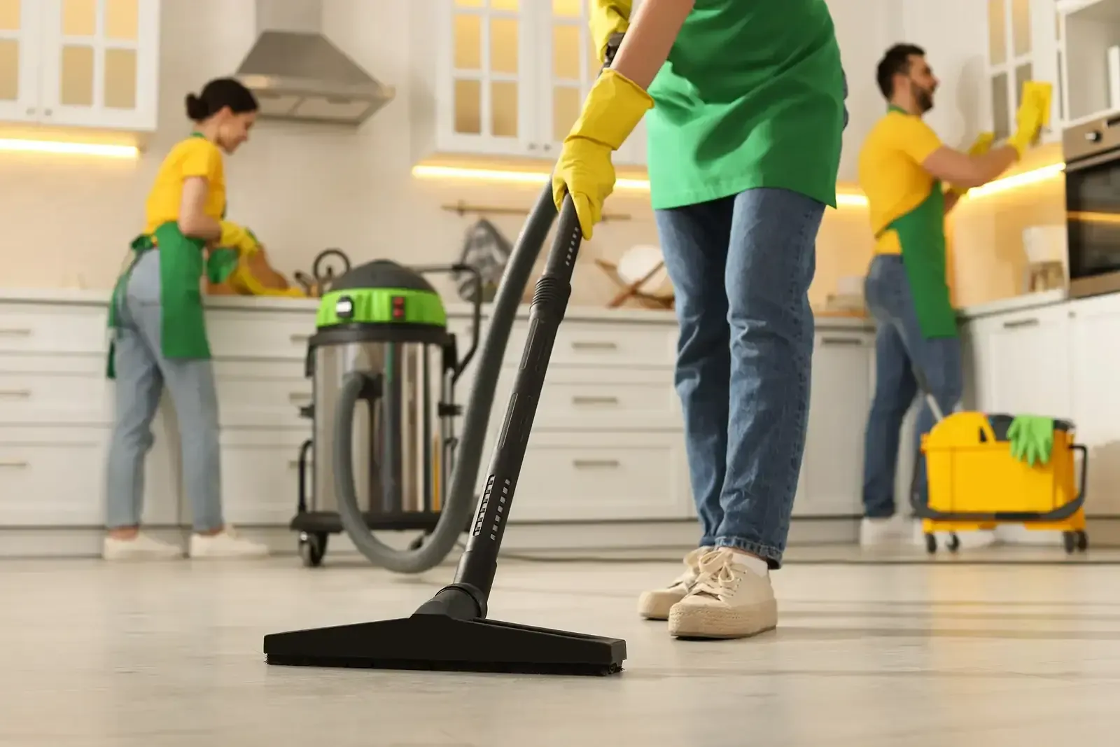 People cleaning a kitchen with vacuum and wipe cloths