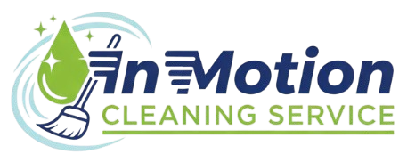 Logo for In Motion Cleaning Service: green water drop, broom, blue and green text.